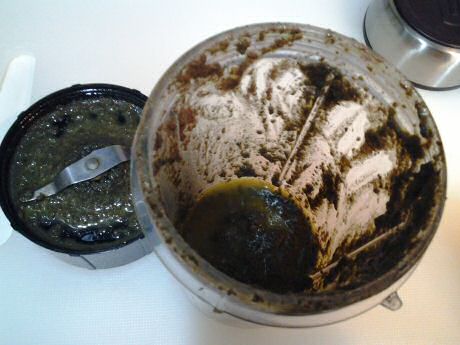 Tapenade from blended black olives, capers, olive oil and salt