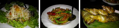 3 thai food dishes: papaya salad, sambal belacan asparagus and pandan leaf chicken